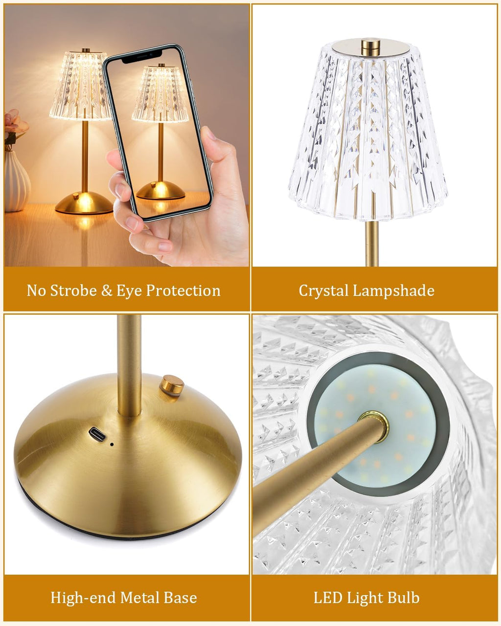 Nusogon Cordless Touch Table Lamp, Classic Edition Rechargeable Small Desk Lamp, 3 Color Dimmable Crystal Lamp for Bedroom, Restaurant…