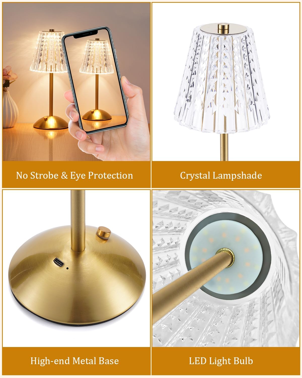 Nusogon Cordless Touch Table Lamp, Classic Edition Rechargeable Small Desk Lamp, 3 Color Dimmable Crystal Lamp for Bedroom, Restaurant…