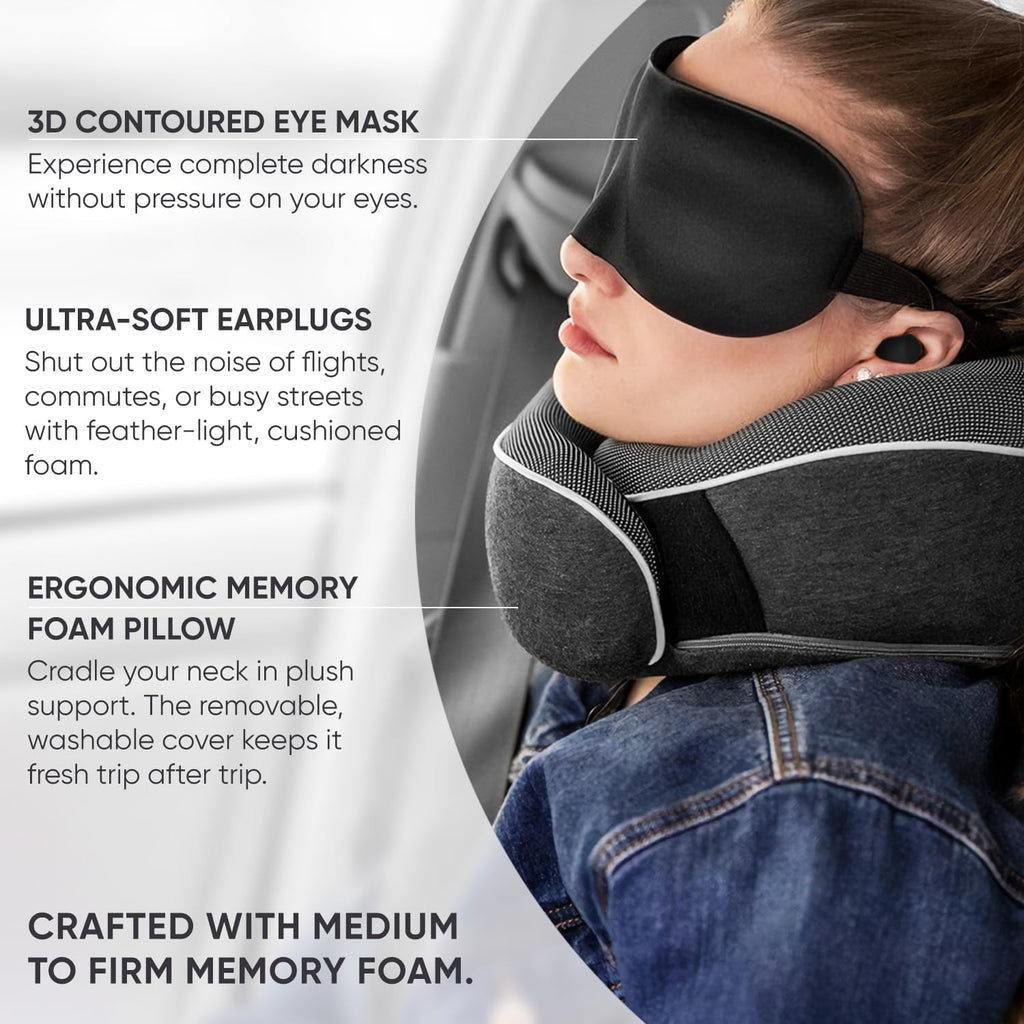 Proglobe Travel Neck Pillow 100% Memory Foam – Airplane & Car Travel Essentials Kit with 3D Eye Mask, Earplugs & Mesh Bag – Sleeping…