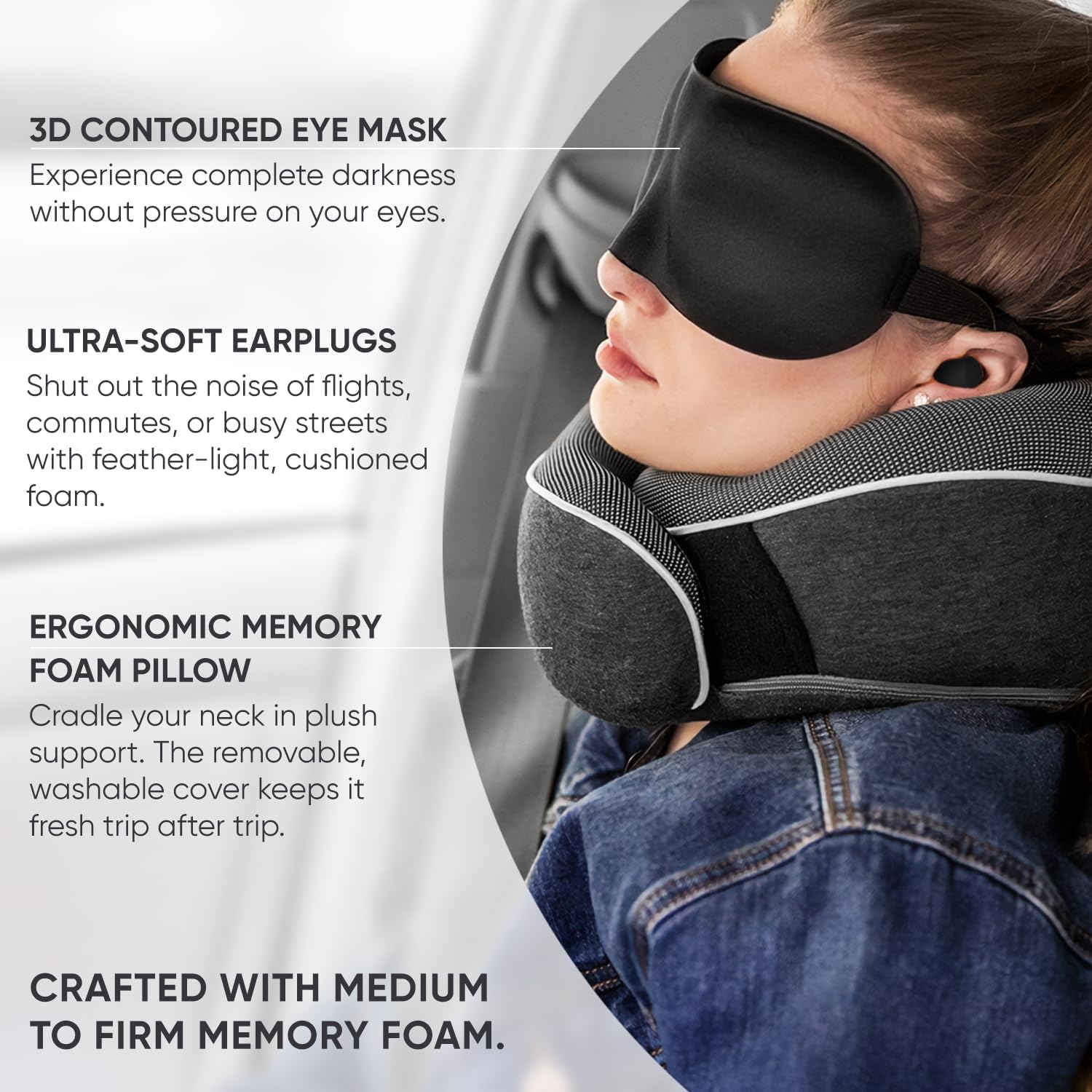 Proglobe Travel Neck Pillow 100% Memory Foam – Airplane & Car Travel Essentials Kit with 3D Eye Mask, Earplugs & Mesh Bag – Sleeping…