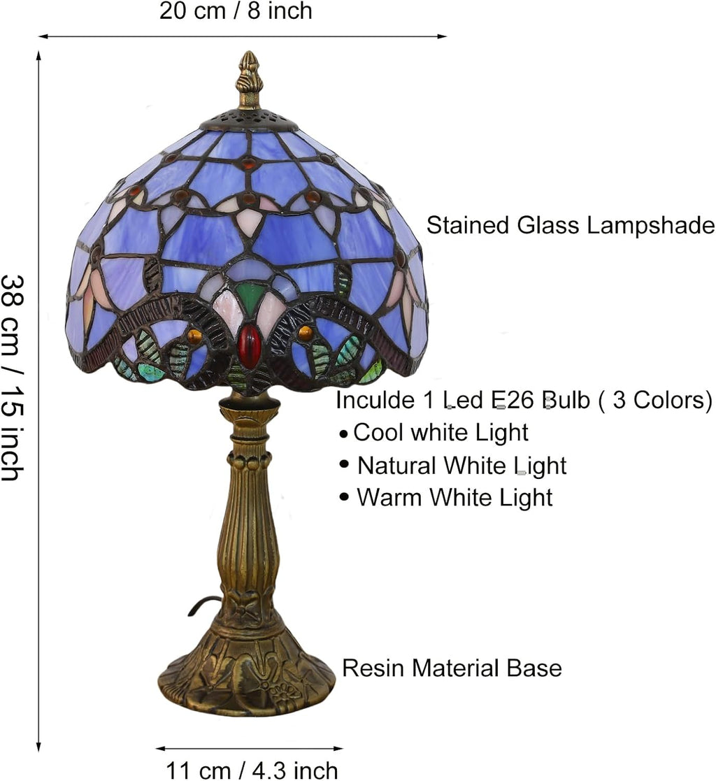 Tiffany Style Table Lamp, Blue Baroque Style Stained Glass Lamp, 8 Inch Small Antique Lamp, for Bedside Nightstand Bedroom Living Room…
