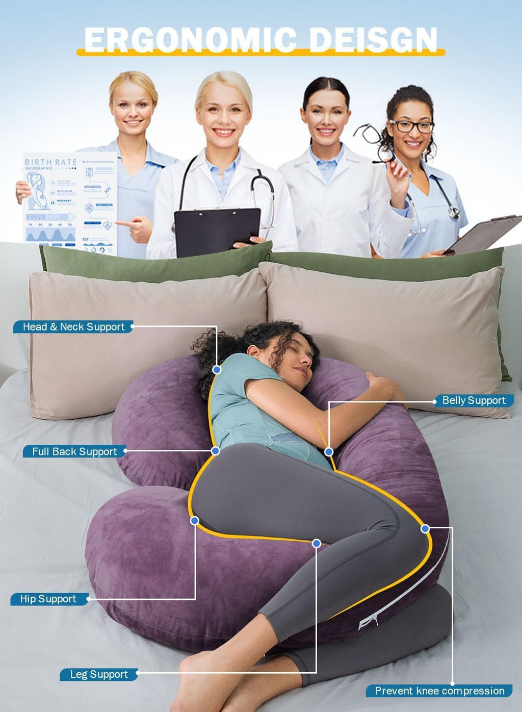 INSEN Pregnancy Pillow, Maternity Body Pillow with Velvet Cover, C Shaped Body Pillow for Sleeping, Purple