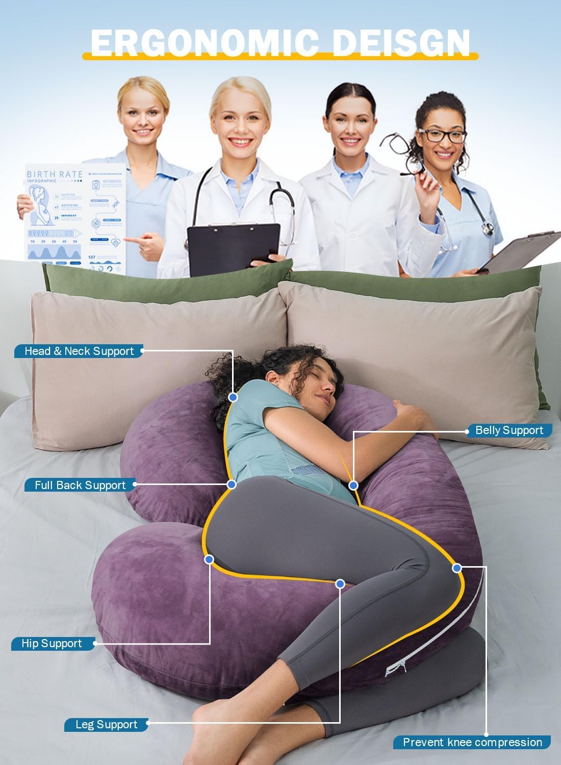 INSEN Pregnancy Pillow, Maternity Body Pillow with Velvet Cover, C Shaped Body Pillow for Sleeping, Purple