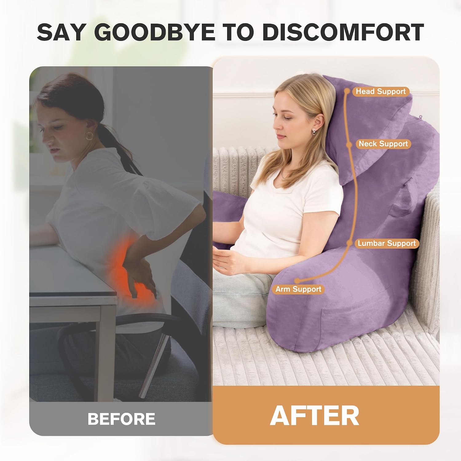 Unisakey Portable Reading Pillows with Headrest for Bed Sitting Up(Lavender Purple Oeko-Tex), Velvet Back Pillow with Arms & Pockets for…