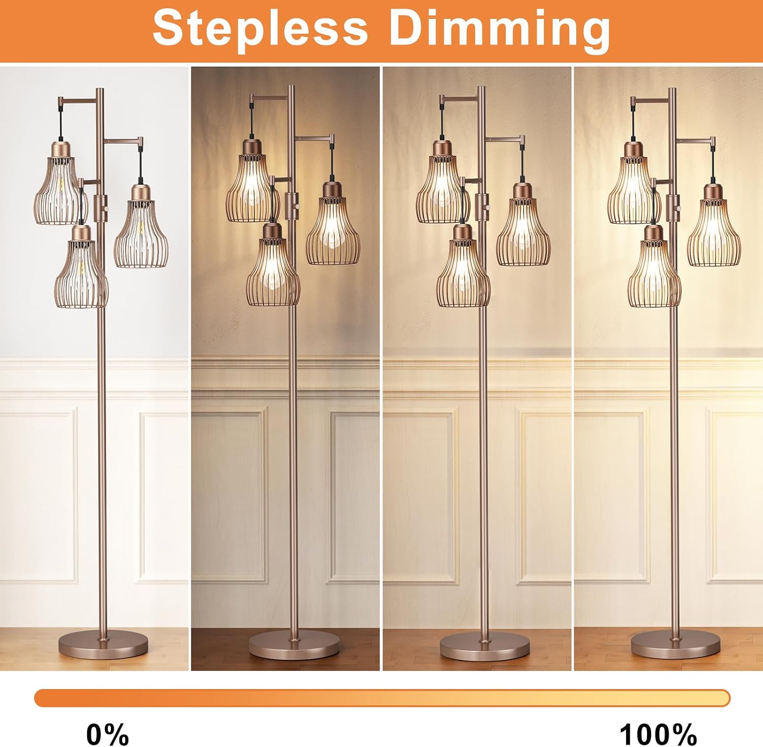 Ziisee Dimmable Floor Lamps for Living Room, Industrial Tree Standing Tall Lamps with 3 Elegant Cage Shade & 800 Lumens LED Bulbs for…