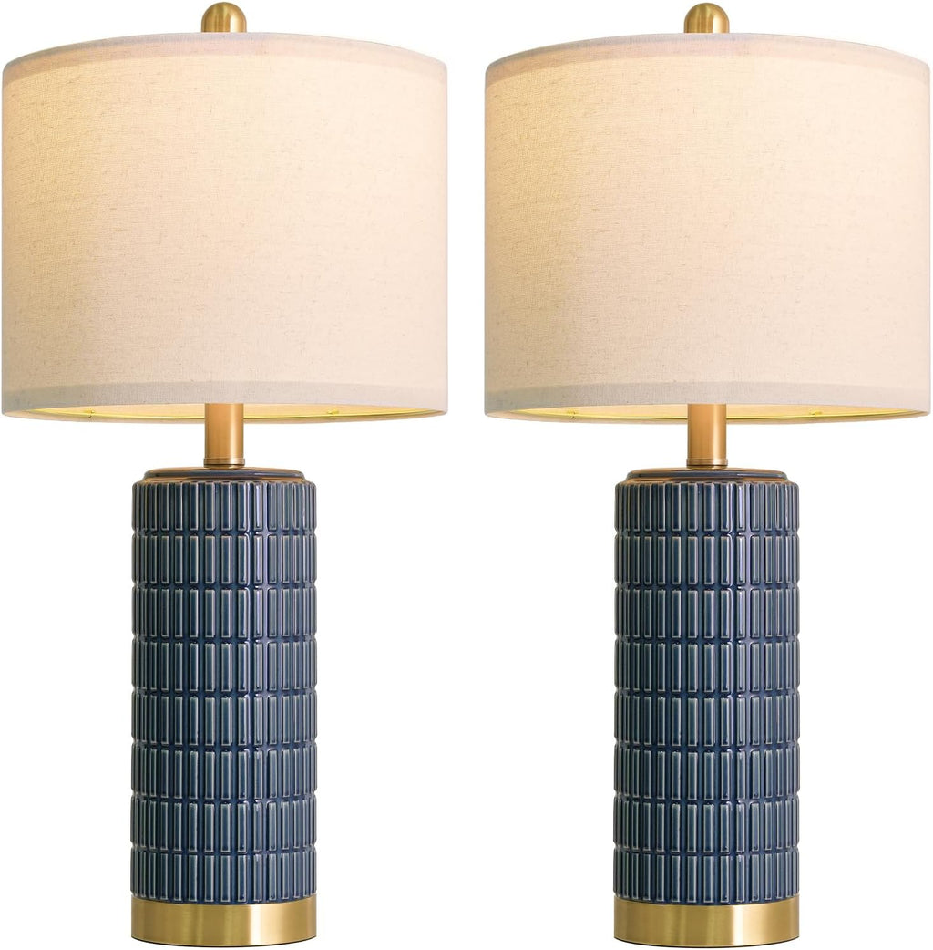 PoKat 25'' Blue Table Lamps for Bedroom Living Room Set of 2, Modern Ceramic Bedside Lamps with Gold Base for Office Sideboard Entryway…