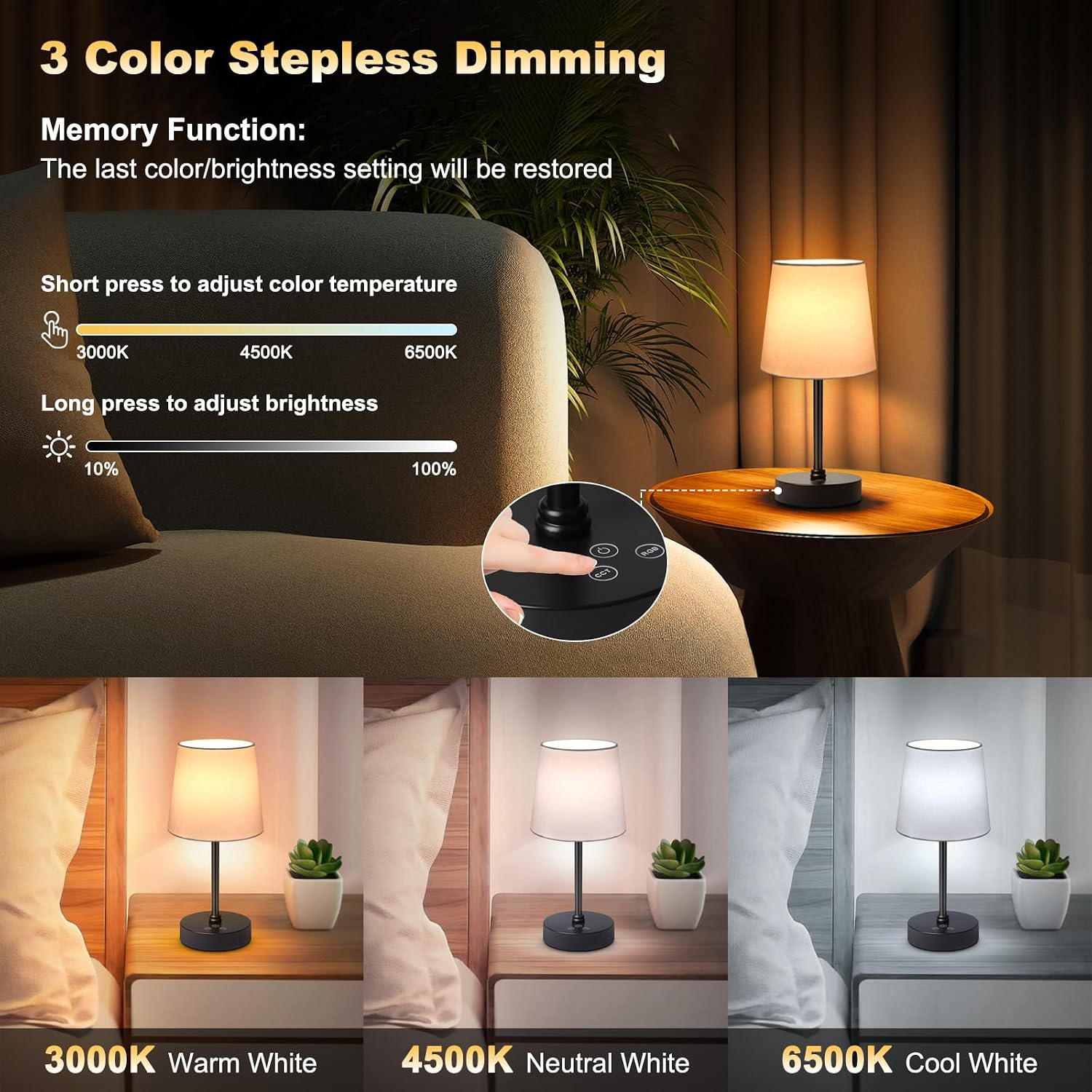 Wowag Small Cordless Table Lamp,5000mAh Rechargeable Battery Operated Desk Lamp,3 Colors & 7 RGB Stepless Dimmable, Portable Touch…