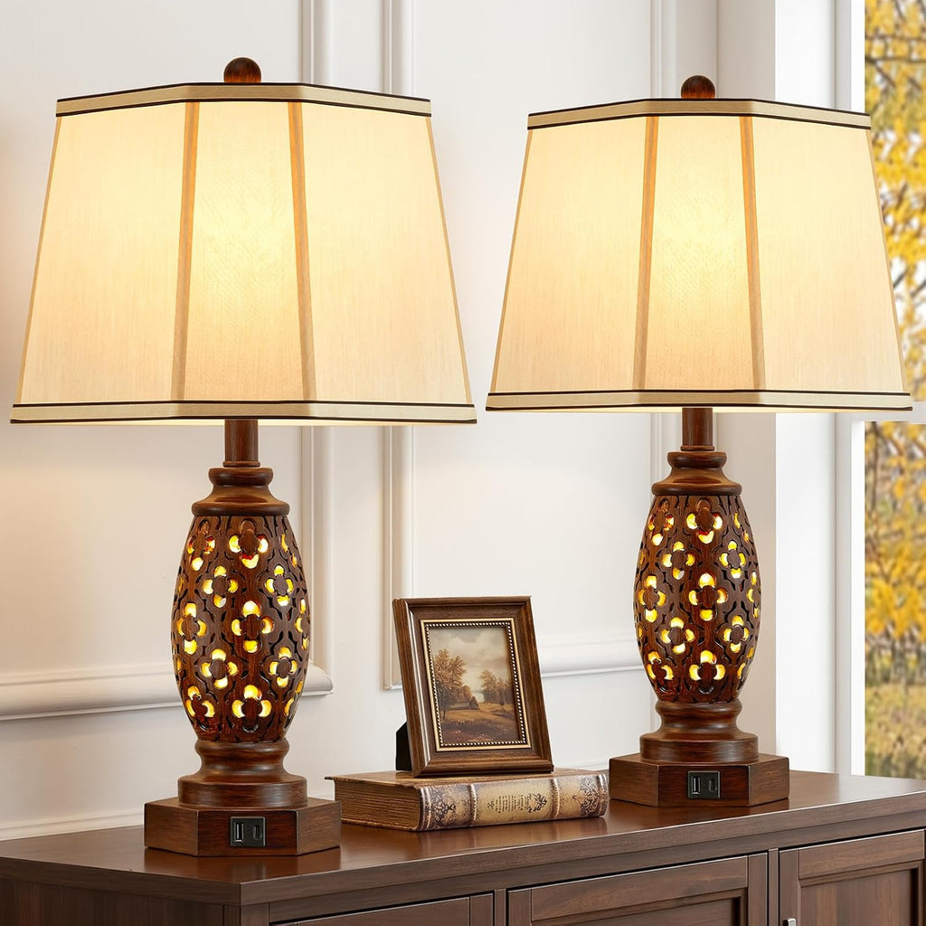 EJIAXIN Bedside Lamps Set of 2-23.5" Vintage Table Lamp with USB A+C and Nightlight - Brown Carved Resin Farmhouse Desk Lamp for…