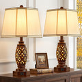 EJIAXIN Bedside Lamps Set of 2-23.5" Vintage Table Lamp with USB A+C and Nightlight - Brown Carved Resin Farmhouse Desk Lamp for…