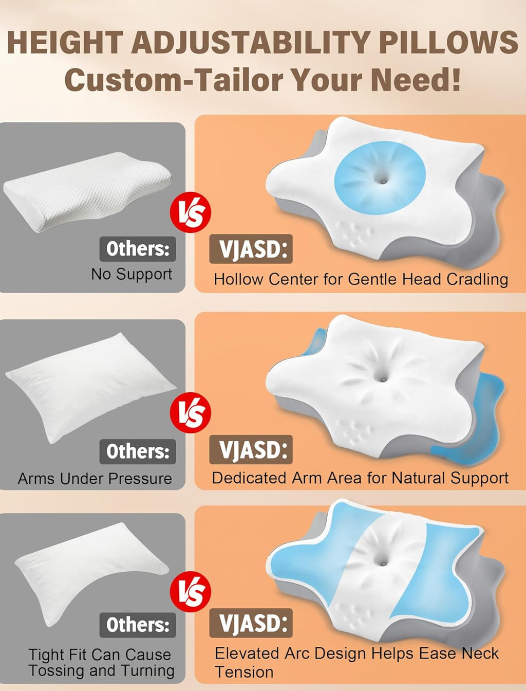 Vjasd Cervical Neck Pillow for – Ergonomic Memory Foam Pillow for Side Sleeper Contour Orthopedic Bed Pillow for Neck Support with Cooling…