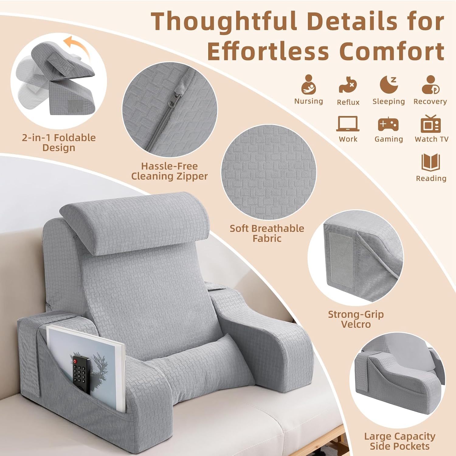 Esuerdo 5PCS Reading Pillow for Sitting in Bed Adult, 2 in 1 Foldable Back Wedge Pillow for Sleep, Ergonomic Back Support Pillow with Arms…