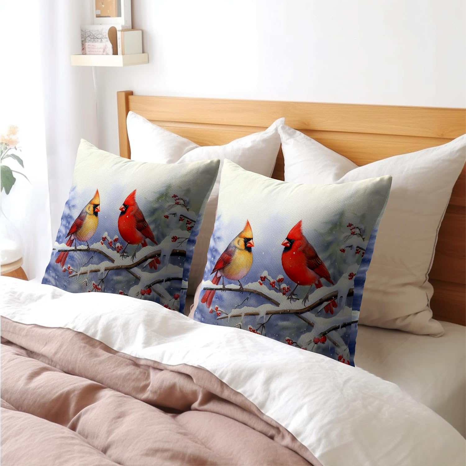 Granbey Cardinal Birds Throw Pillow Cover Winter Sweet Bird Pillowcase 22x22 Inch Set of 2 Christmas Holiday Cushion Covers for Home Patio…