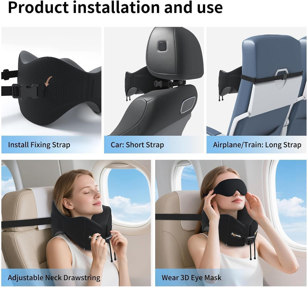 Doosmile Patented Head-Bobble-preventing Ergonomic 360° Supporting Golden Formula Memory Foam Travel Neck Pillow w/3D Contoured Eye…