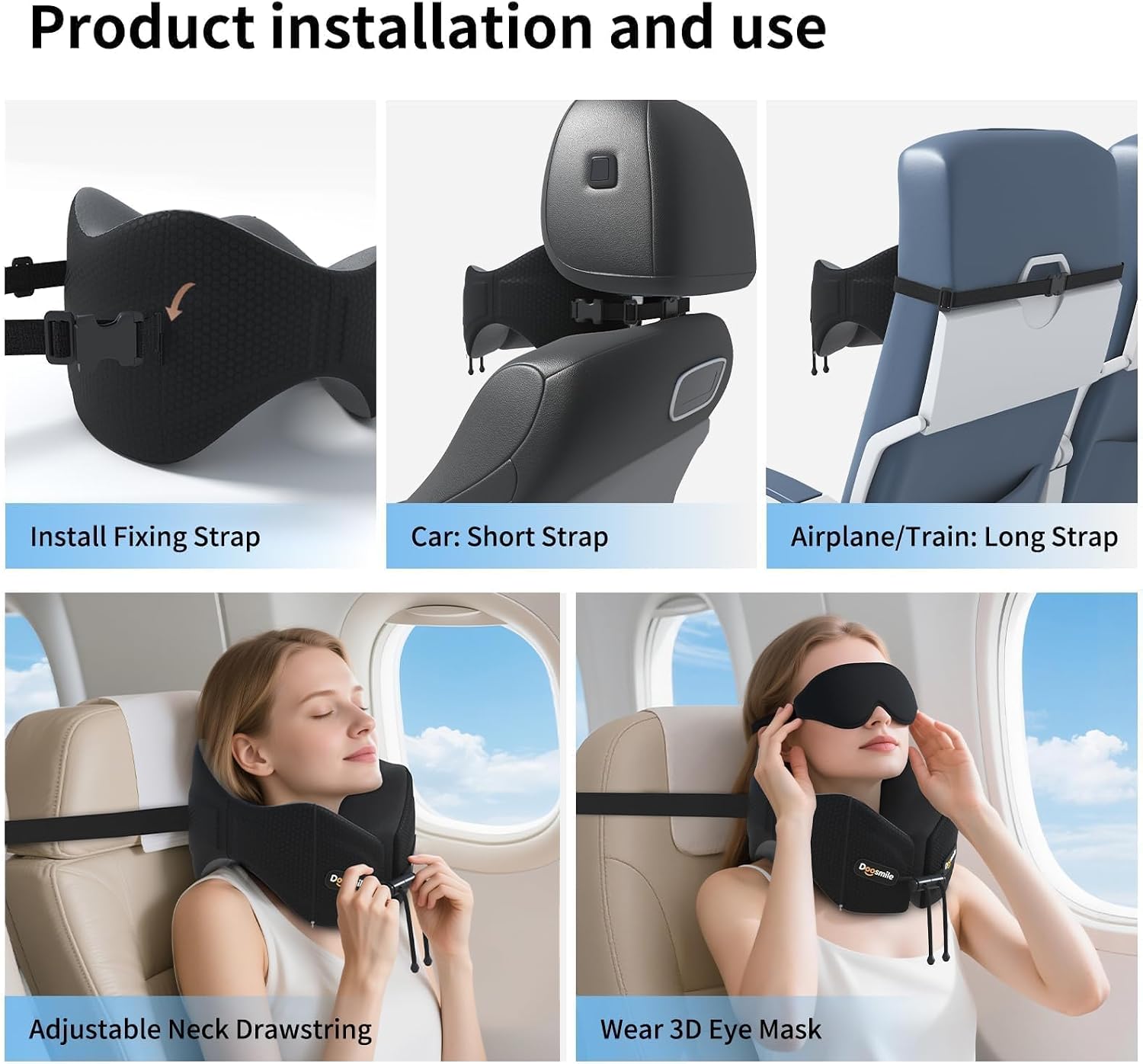 Doosmile Patented Head-Bobble-preventing Ergonomic 360° Supporting Golden Formula Memory Foam Travel Neck Pillow w/3D Contoured Eye…