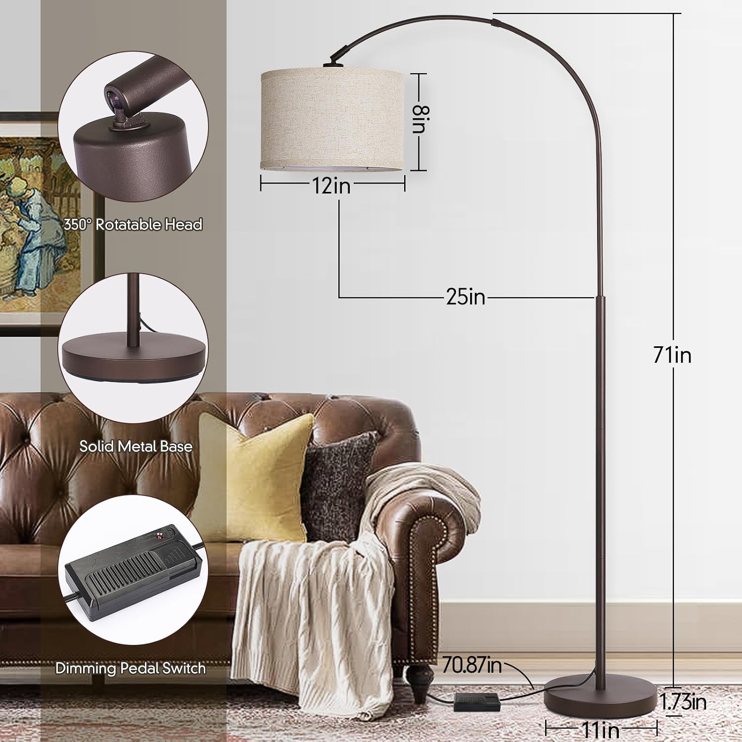 Dimmable Arc Floor Lamp, Floor Lamps for Bedroom, Farmhouse Standing Lamp with Adjustable Hanging Shade, Brown Tall Pole Lamp, Mid…