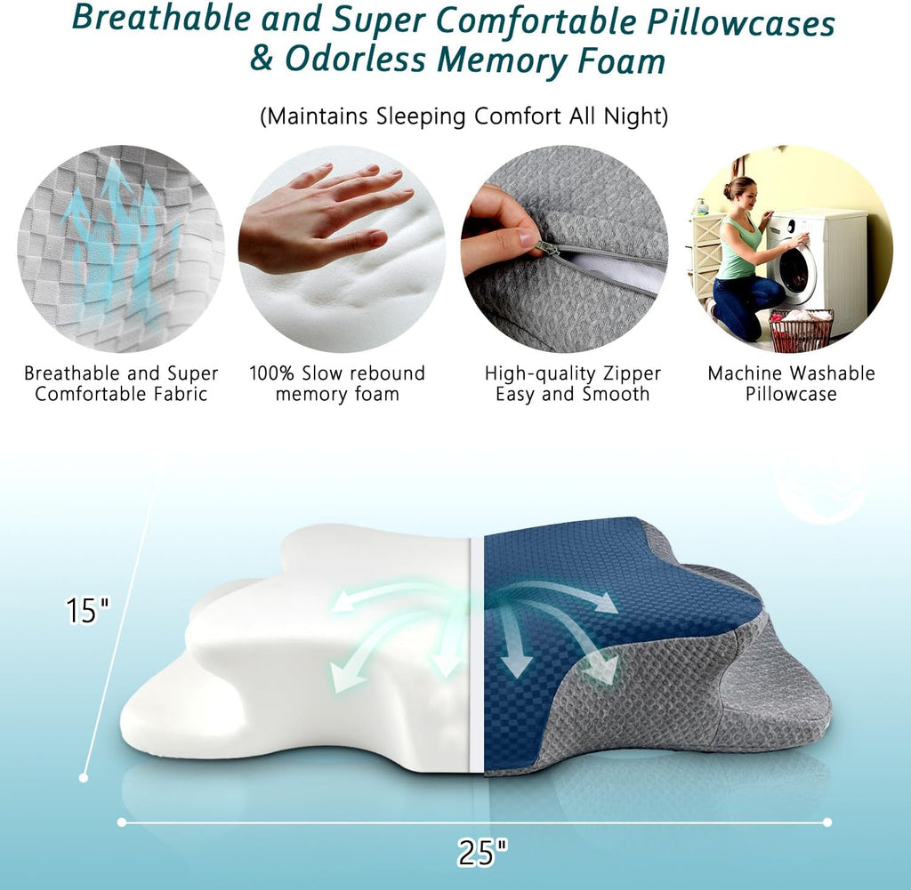 CHxxy Cervical Neck Pillow for Sleeping, Memory Foam Pillows, Ergonomic Side Sleeper Pillows, Cooling Orthopedic Neck Support Pillow for Ba…