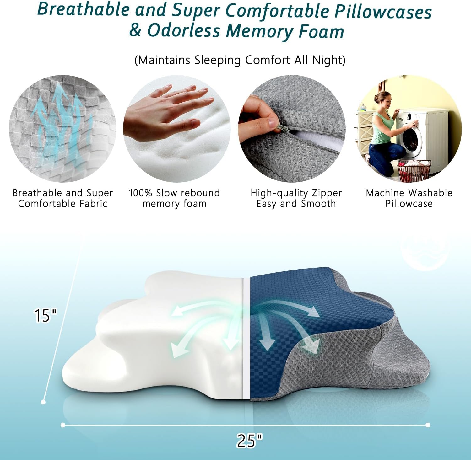 CHxxy Cervical Neck Pillow for Sleeping, Memory Foam Pillows, Ergonomic Side Sleeper Pillows, Cooling Orthopedic Neck Support Pillow for Ba…