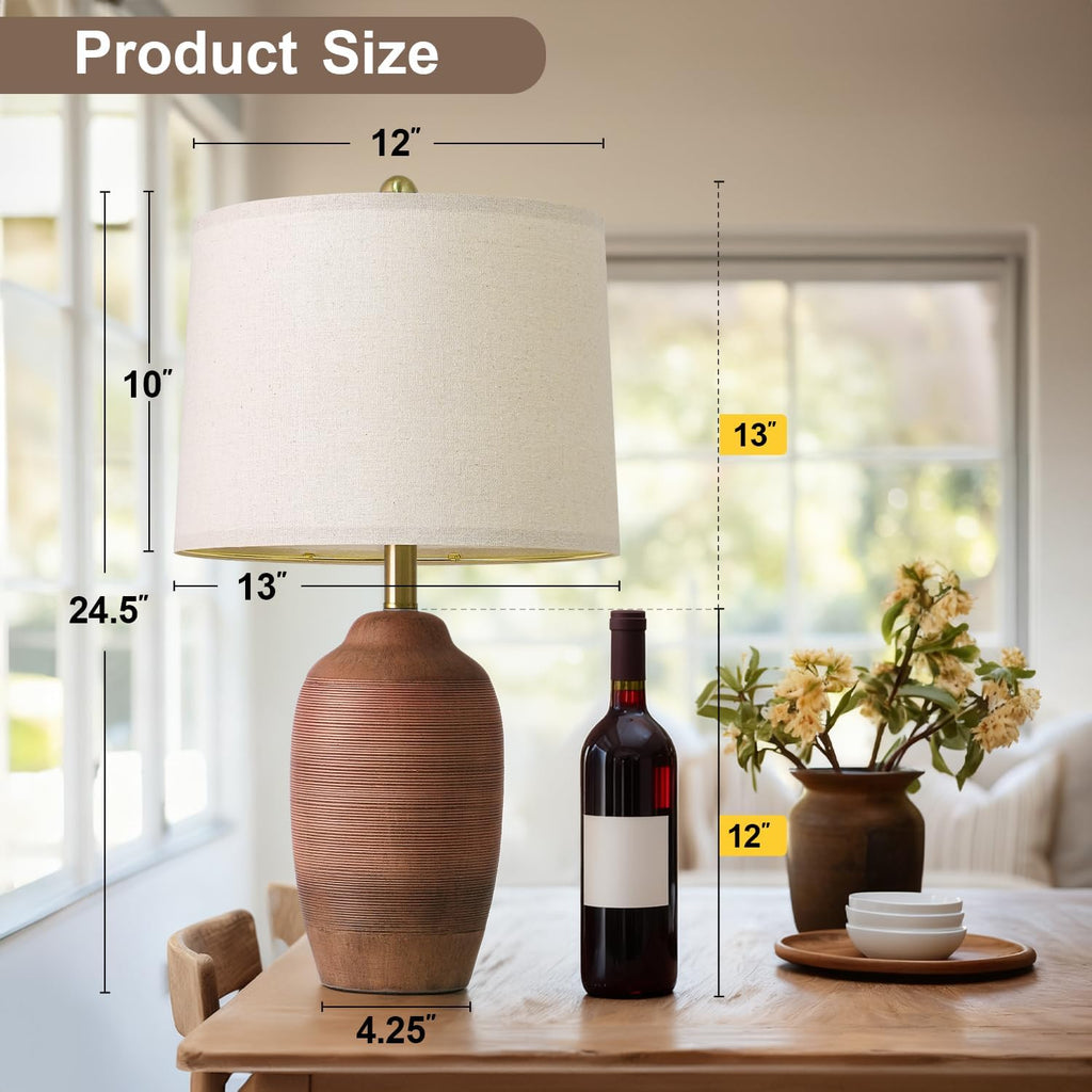 USumkky 24.5" Single Rustic Terracotta Brown Handcrafted Ceramic Table Lamp 5FT Cord, Farmhouse Vintage Lamp with Linen Drum Shade, Bedside…