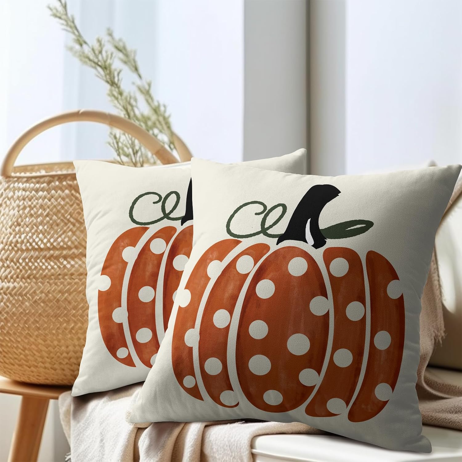 Fall Pumpkin Throw Pillow Cover 18x18 Inch Set of 2 Autumn Orange Pumpkin Outdoor Pillow Cases Polka Dot Beige Thanksgiving Farmhouse…
