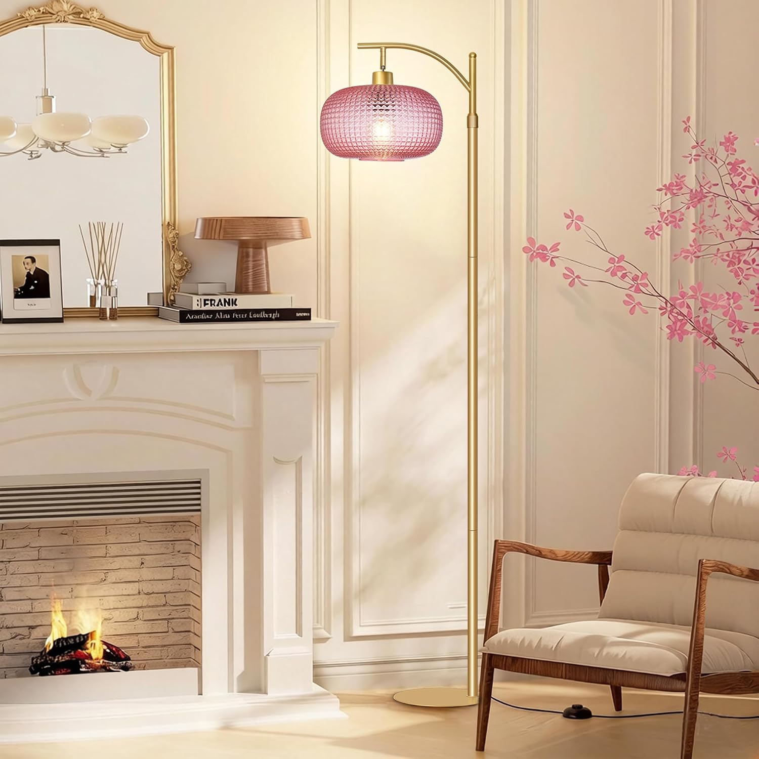 Glass Floor Lamp for Living Room, Modern Tall Standing Lamp with Pink Glass Lamp Shade, Dimmable Gold Tall Floor Lamp for Bedroom Office…