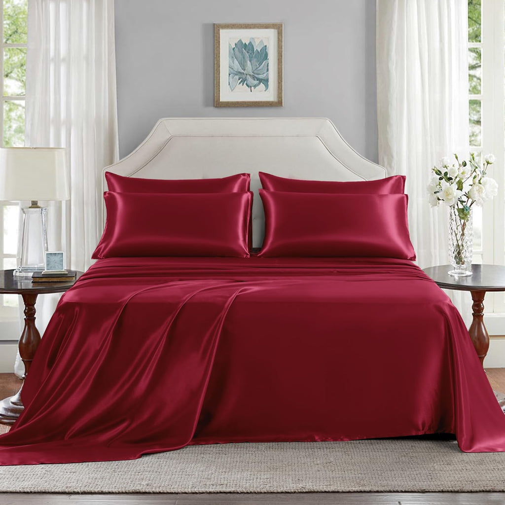 Golal Satin Sheets King Size - 6 Pieces Luxury Silky Soft Bed Sheets, Wrinkle-Free Burgundy Satin Silk Sheet Set with 1 Deep Pocket Fitted…