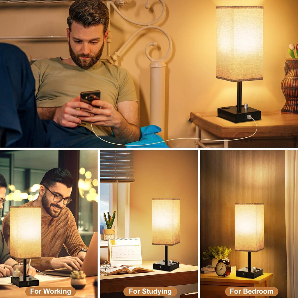 aooshine Gray Fully Dimmable Nightstand Lamps Set of 2 - Table Bedside Lamp with USB C+A Charging Ports & 2 AC Outlets, Square Lamp Sets…