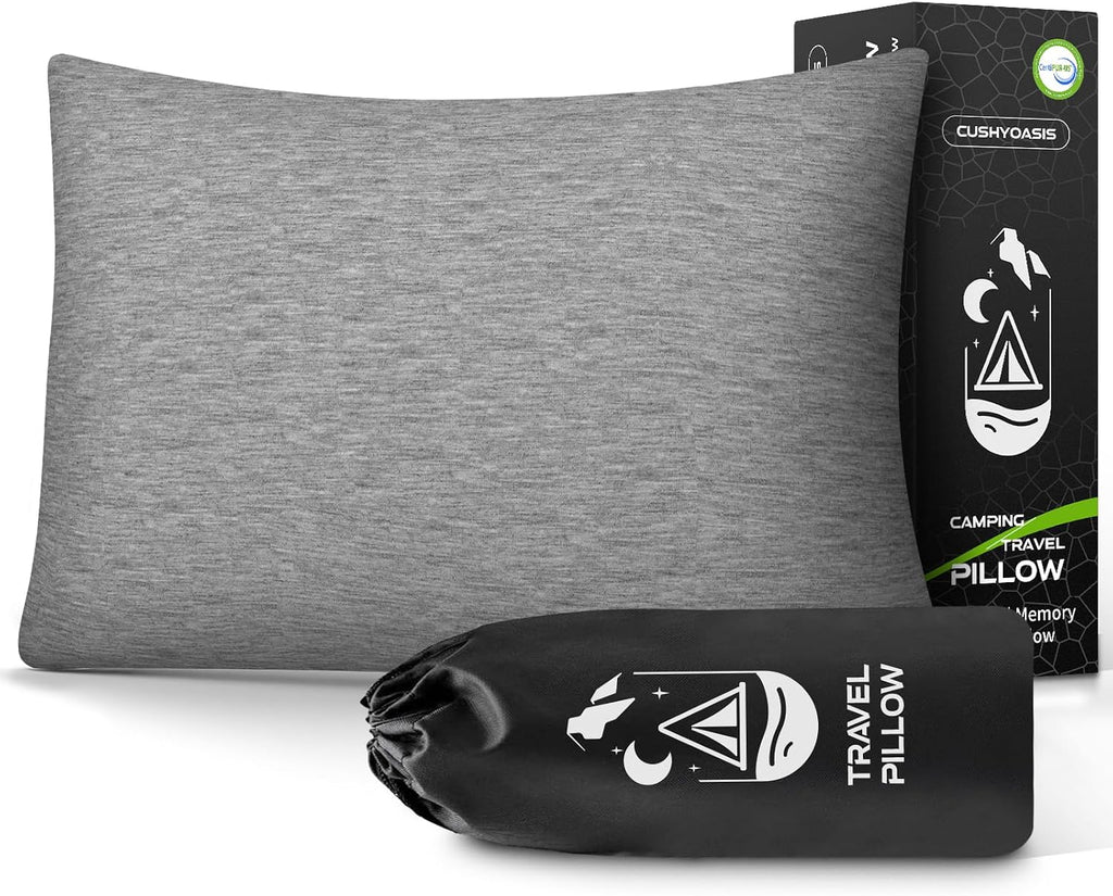 CushyOasis All-in-1 Camping Pillow Set - Shredded Memory Foam Neck Pillow Travel Pillow with Eye Mask, Earplugs, Washable Cover, Compact…