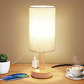 Small Bedside Table Lamp with AC Outlet, Natural Wood Base & Linen Shade, Mini Cute Cozy Warm White Nightstand Boho Lamp, Study Desk…