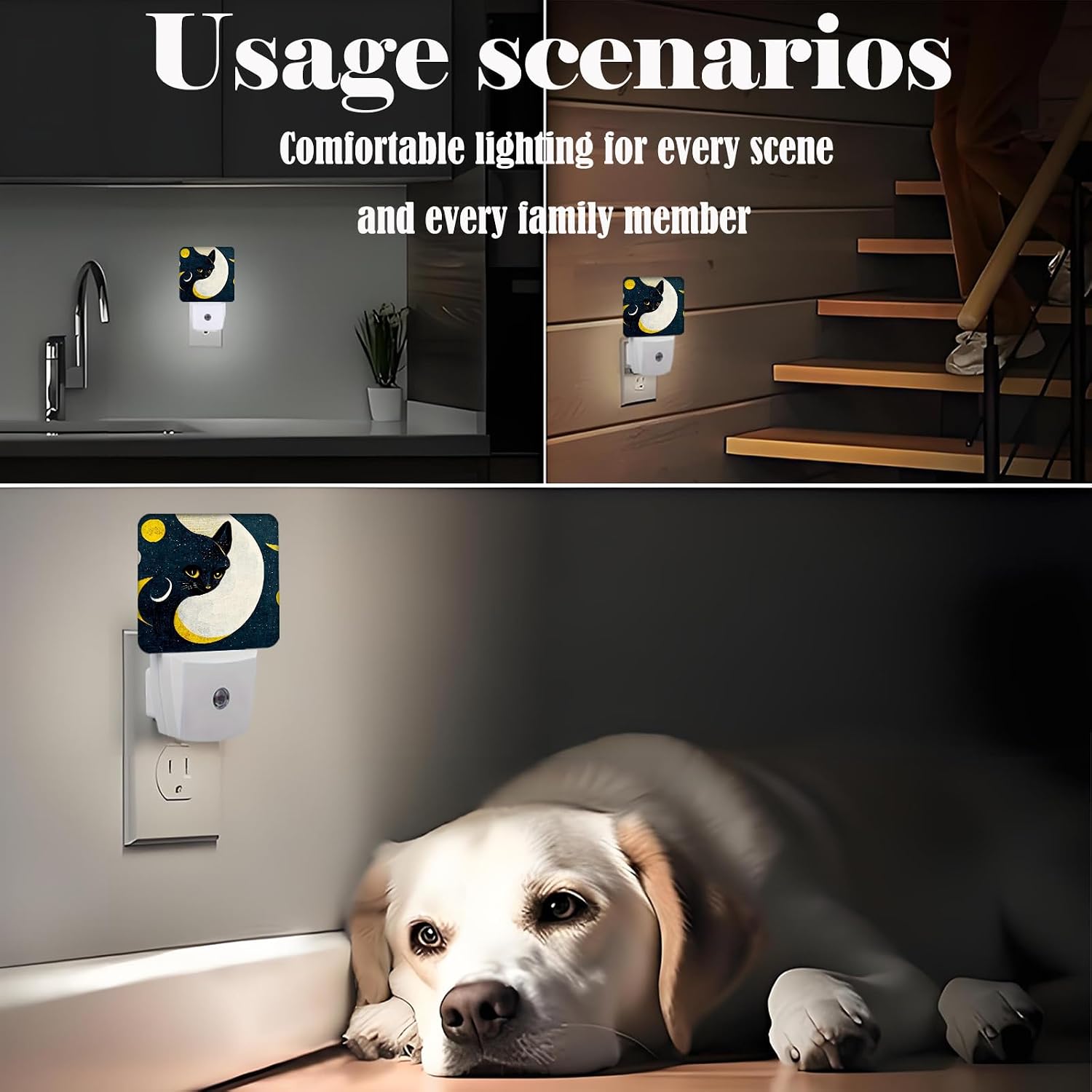 Black Cat Moon Night Light, Plug Into Wall for Boys Girls Bedroom Decorative Square Night Light Lamp 0.5w Sleep Friendly