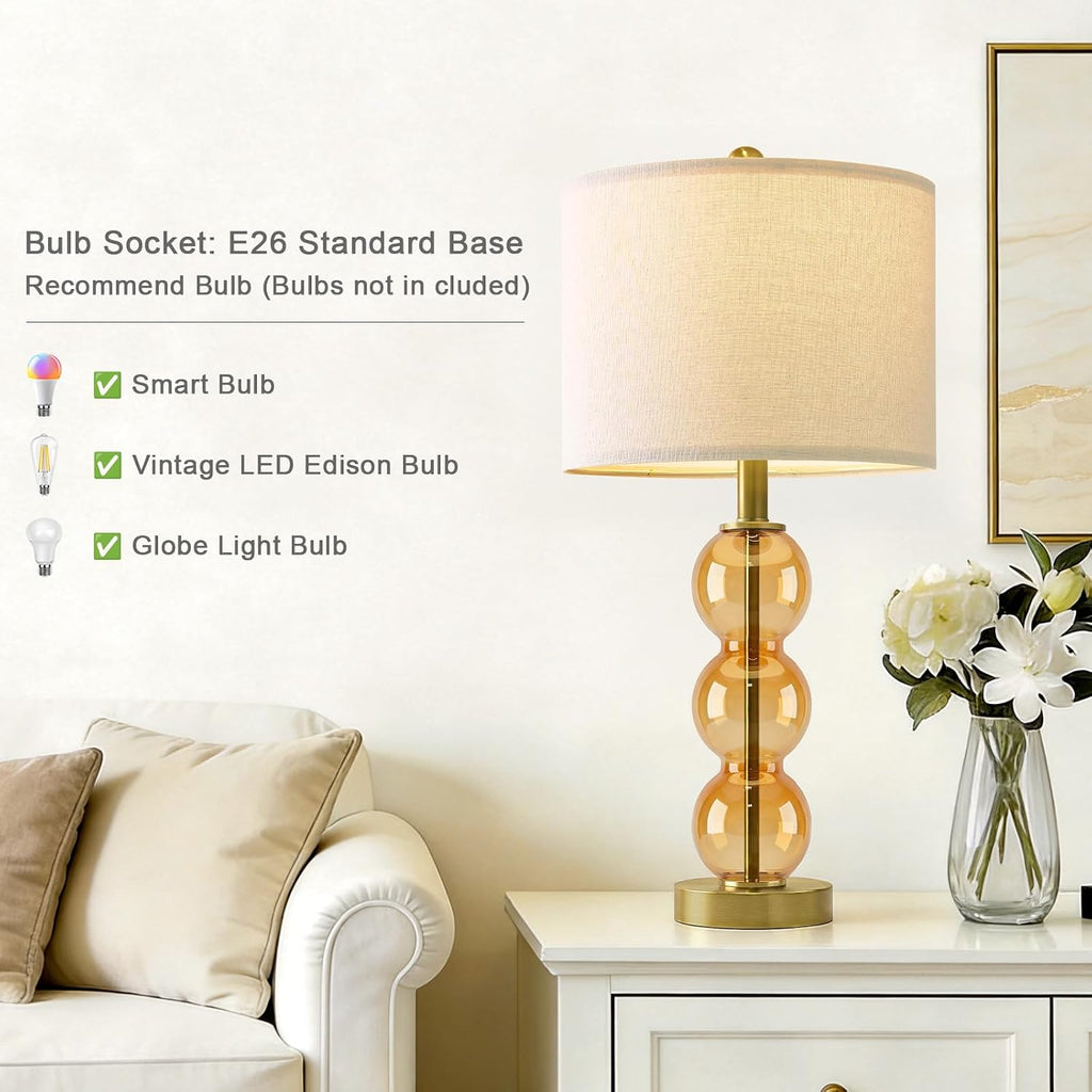 Oneach 25" Amber Glass Table Lamps for Living Room, Glass Modern Table Lamp Set of 2, USB Charging Ports, Linen Shade, Bedside Lamps for Be…