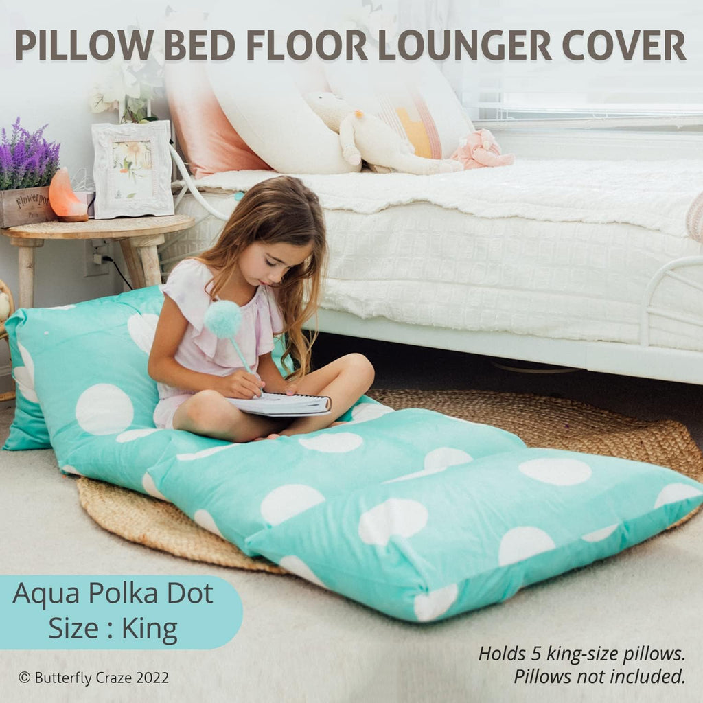 Butterfly Craze Floor Pillow Case, Mattress Bed Lounger Cover, Polka Aqua, King Size - Cozy Seating Solution for Kids & Adults, Recliner…