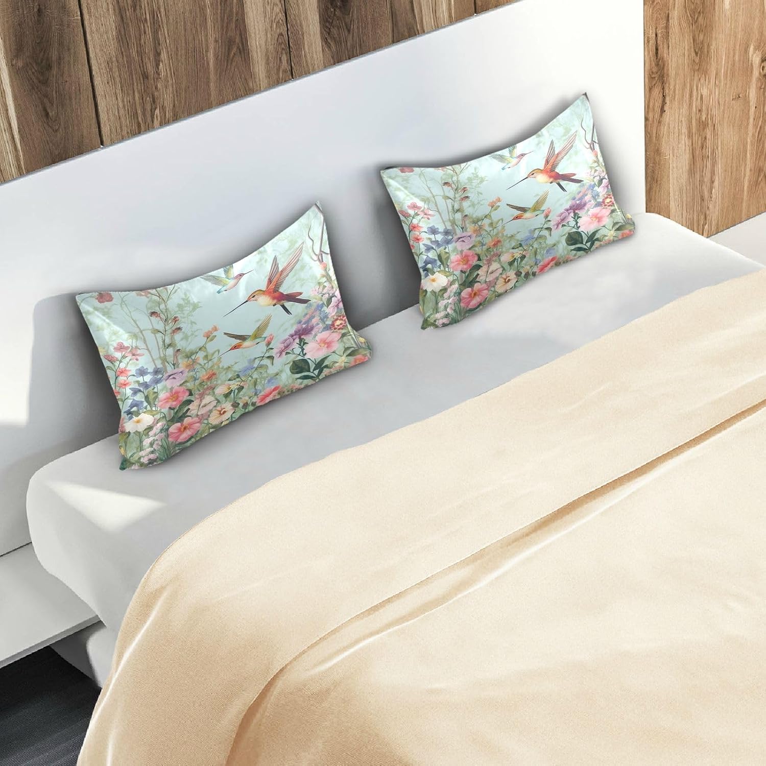YETTASBIN Hummingbirds Flower Satin Pillowcase, Soft Breathable Silk Pillow Case with Envelope Closure for Hair and Skin, Standard Size…