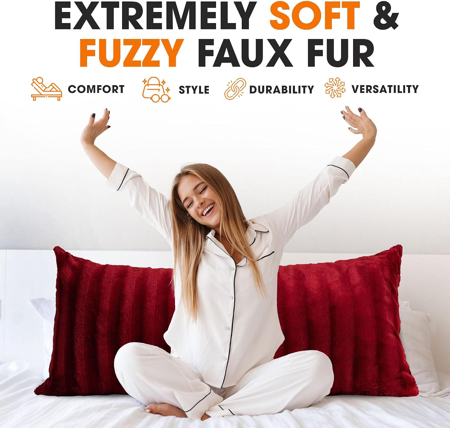 Cheer Collection Faux Fur Long Body Pillow - Accent Throw Pillow for Bed and Couch - Decorative Lumbar Pillow with Insert, Maroon (18" x…