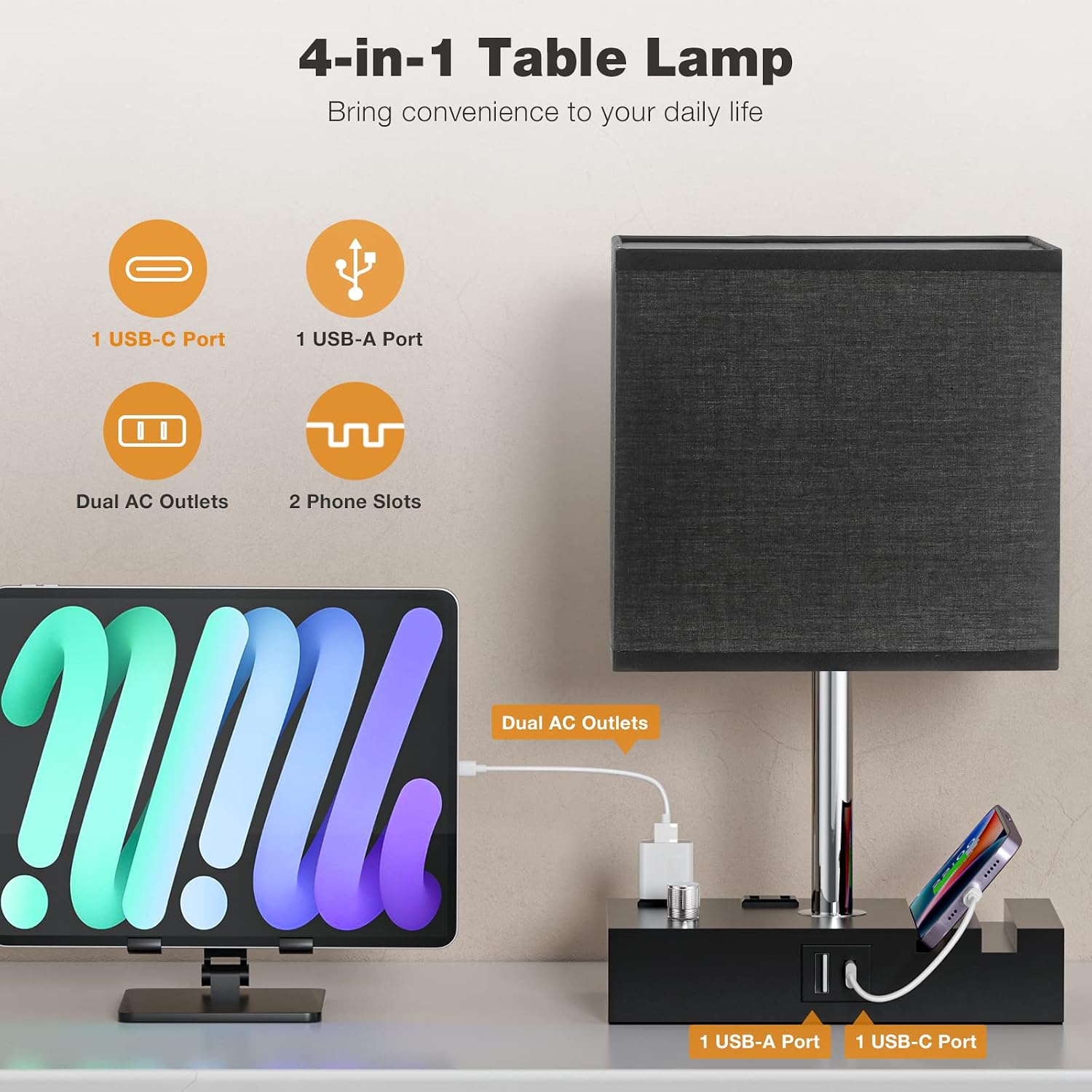Fully Dimmable Bedside Lamps for Bedroom with USB C Ports, Kakanuo Black USB Table Lamp Set of 2, Wooden Desk Lamp with 2 Charging…