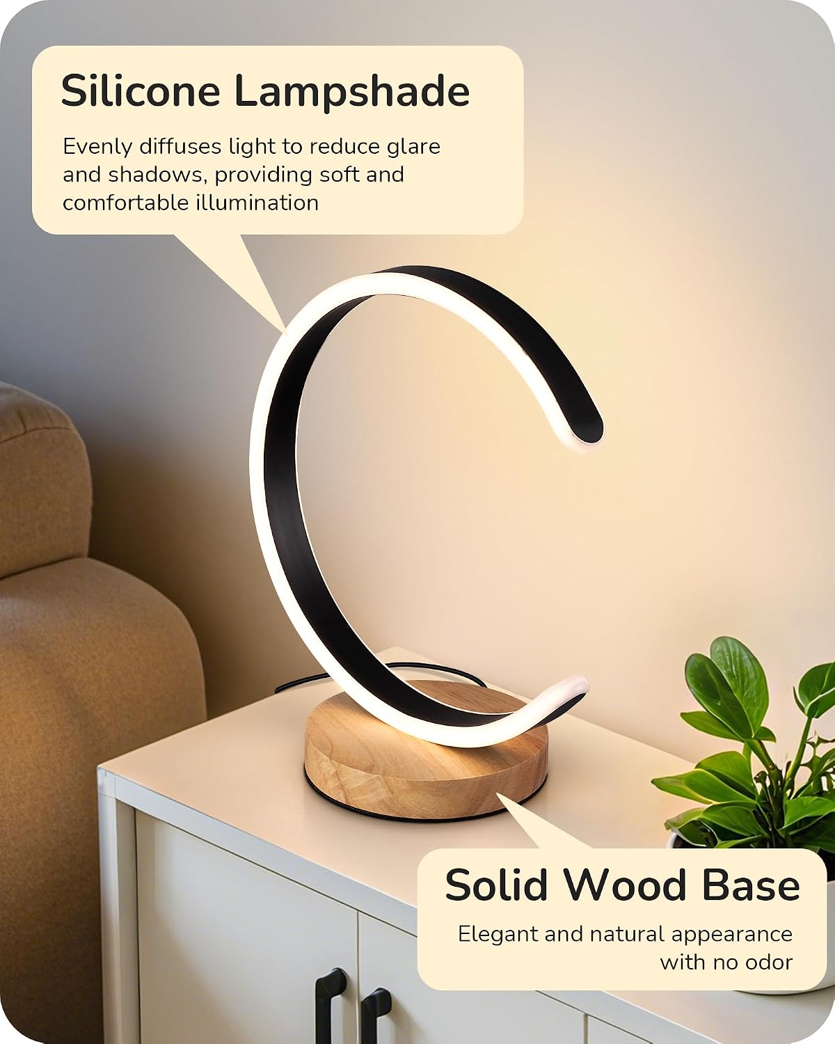 EDISHINE LED Table Lamp, C-Shaped Modern Lamps for Nightstand with 3 Color Temperature & Dimming, Upgraded Switch, Silicone Lampshade &…