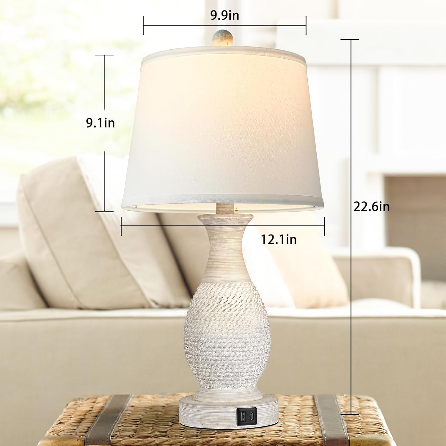 PARTPHONER Table Lamps Set of 2, Bedside Touch Lamp with USB C+A Charging Ports, Side Table Lamp with White Fabric Shade (LED Bulbs…