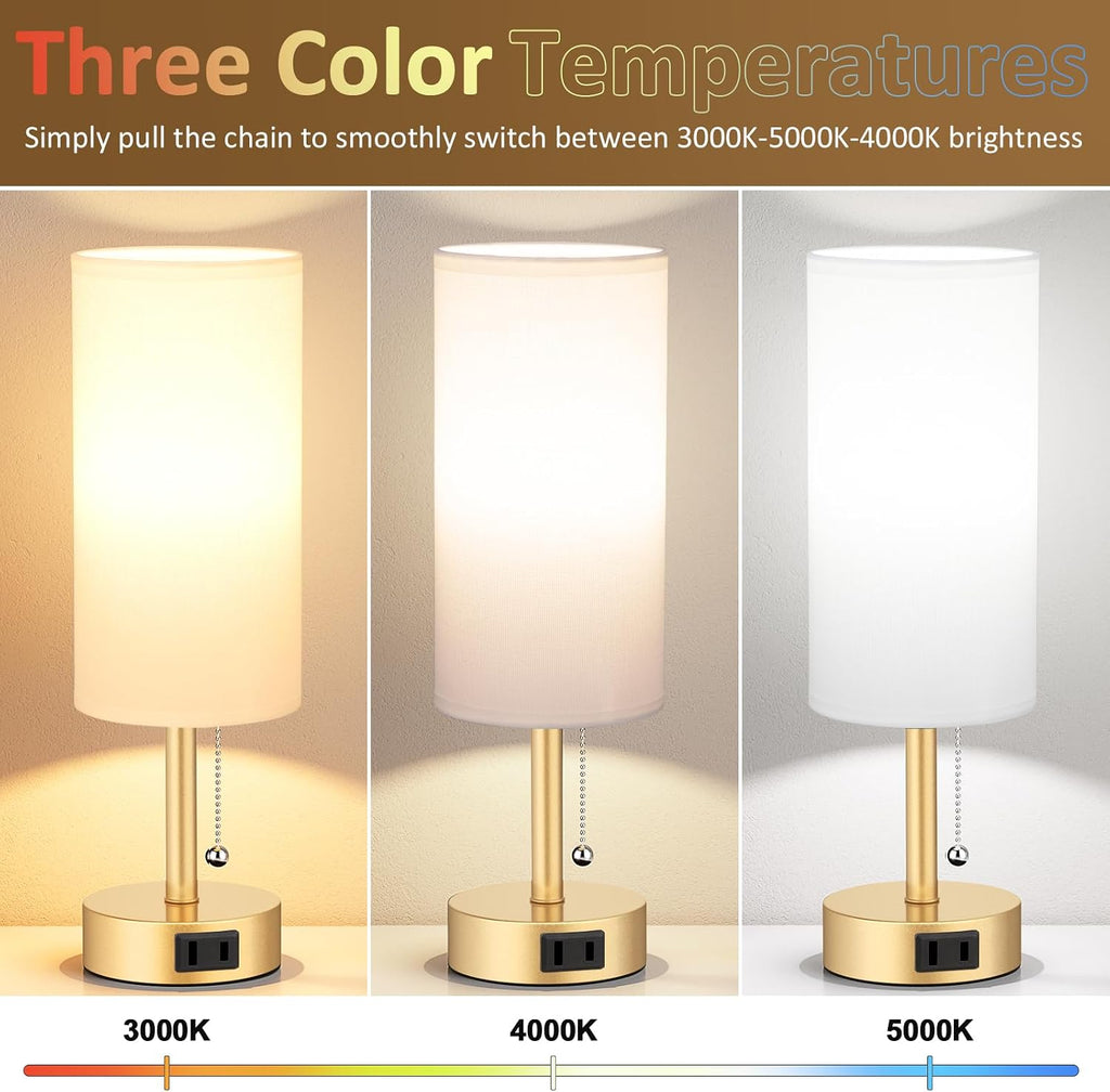 Fenmzee Gold Bedside Table Lamps Set of 2-3 Color Temperatures Pull Chain Lamp with AC Outlet Charging Port, Two Round Night Stand Lamps…