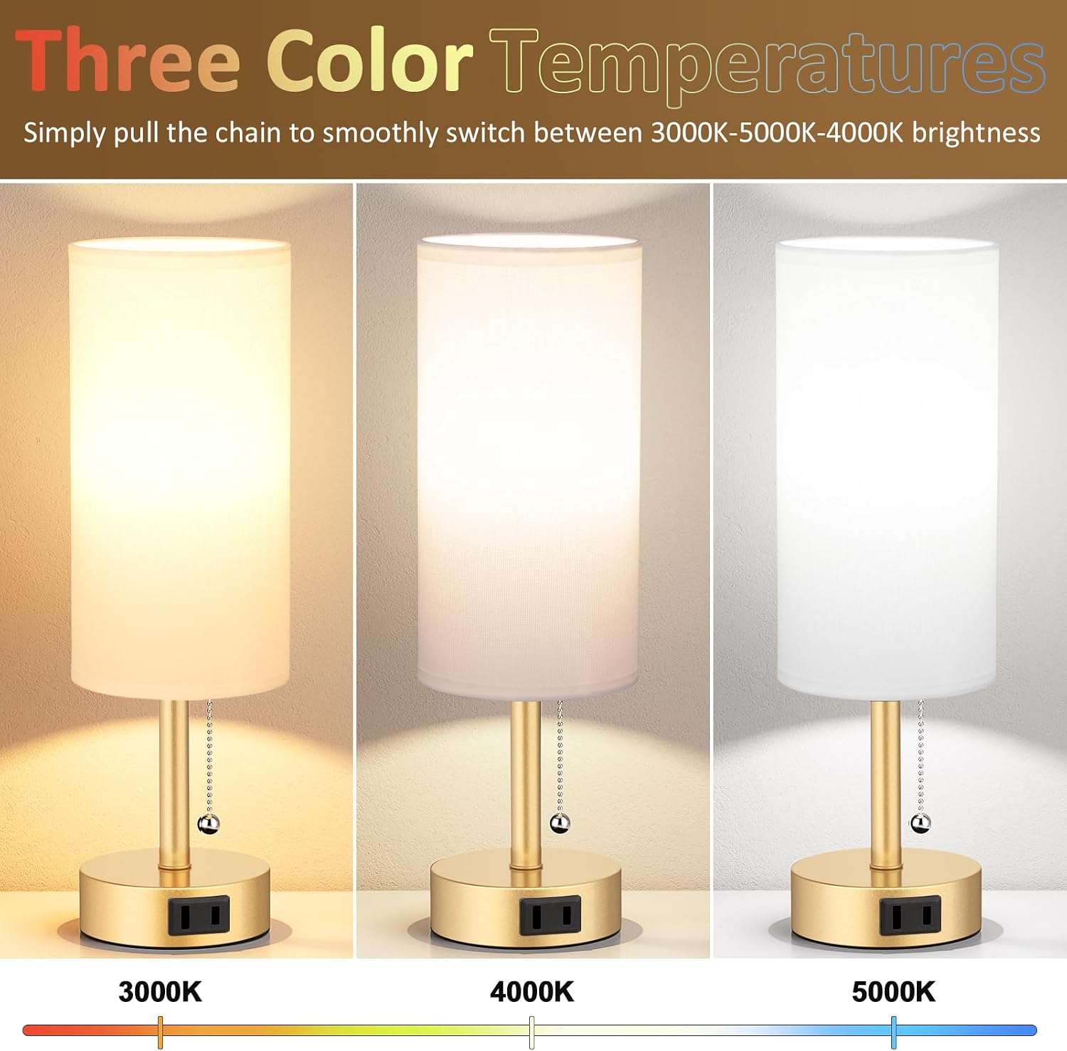 Fenmzee Gold Bedside Table Lamps Set of 2-3 Color Temperatures Pull Chain Lamp with AC Outlet Charging Port, Two Round Night Stand Lamps…