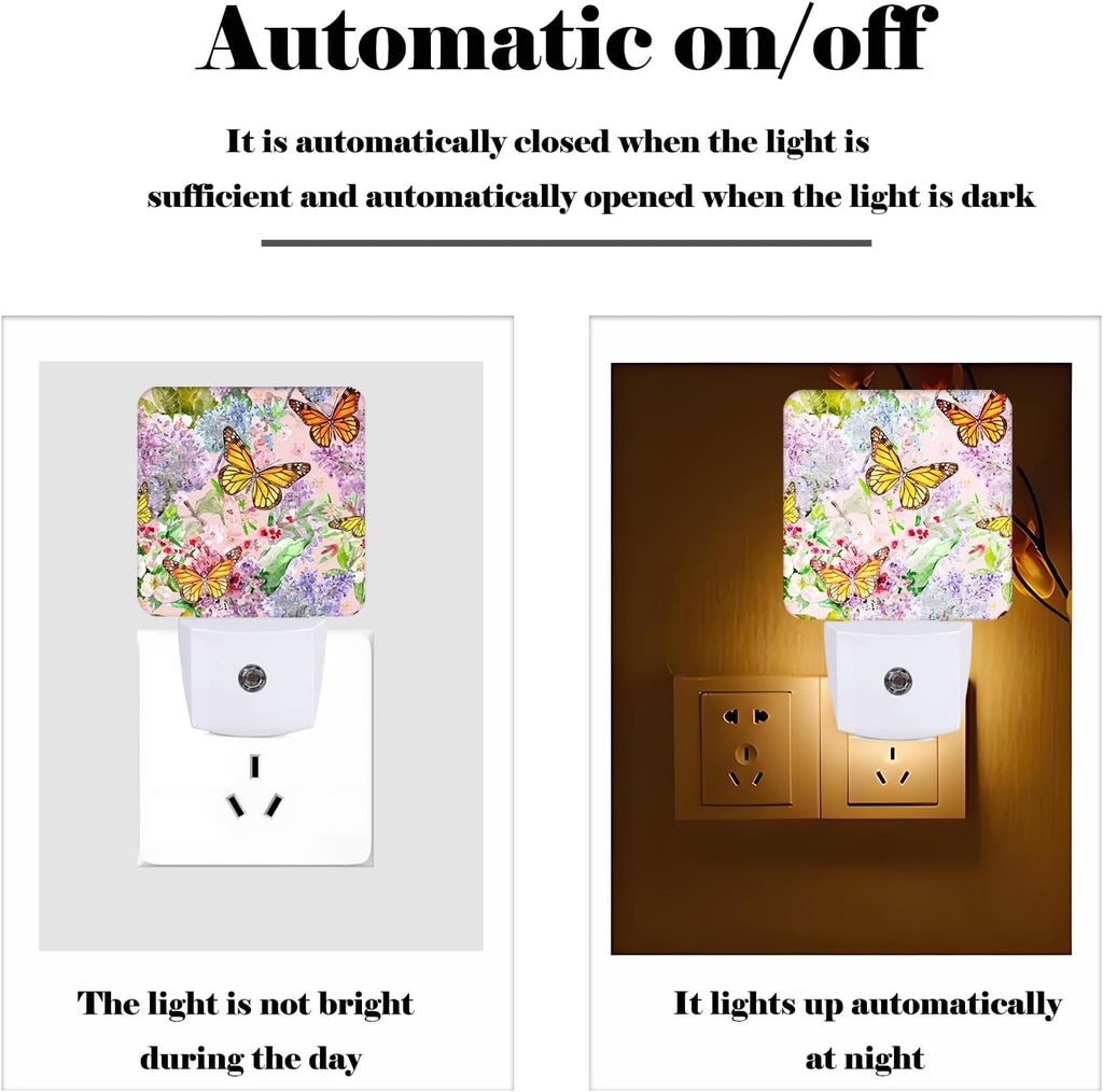 Spring Flowers and Butterflies Night Light, Plug Into Wall Decor for Stairway, Hallway, Kitchen, Dusk To Dawn Sensor Nightlights for…