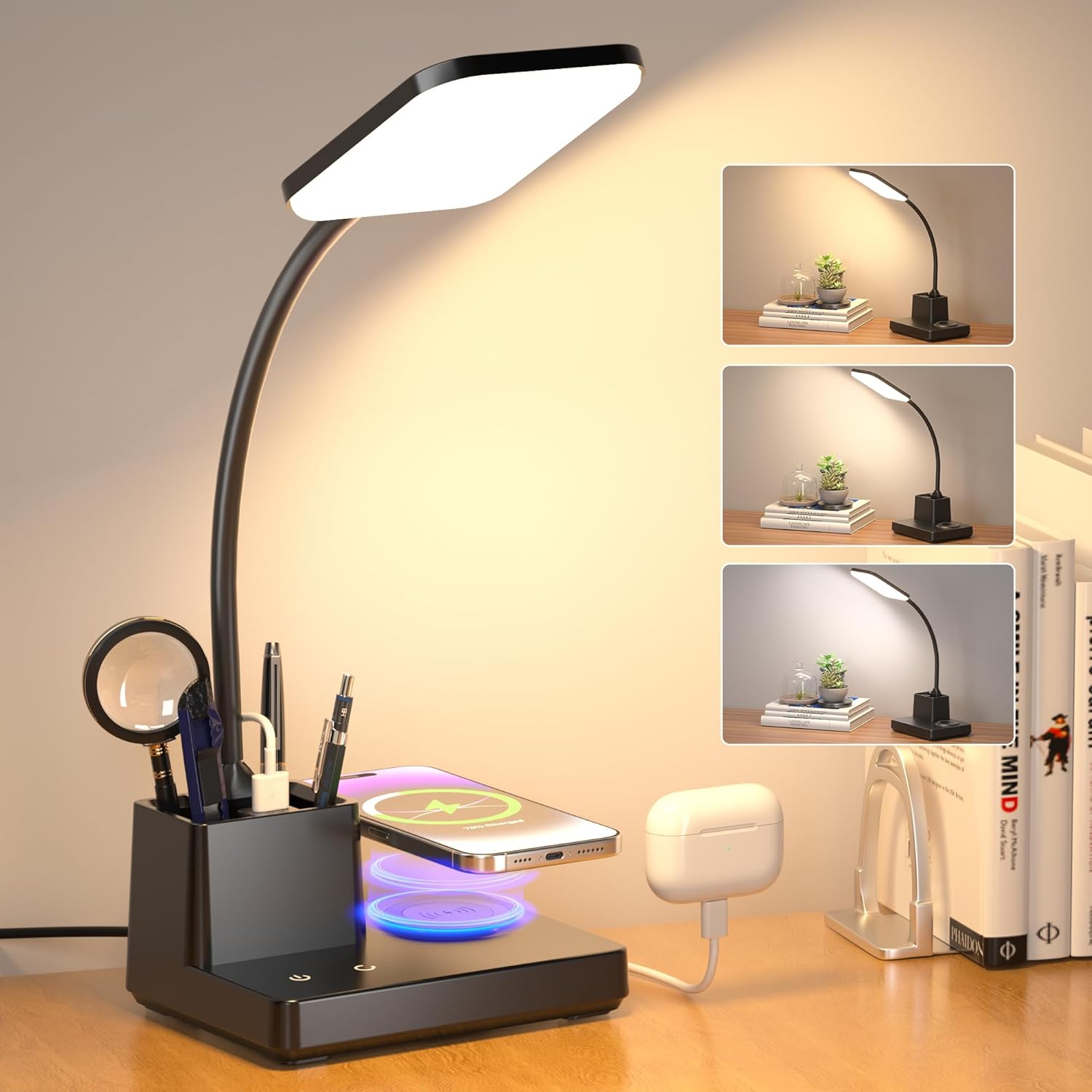 Desk Lamp, Table Lamp with Wireless Charger & USB Port, 800LM CRI95 3 Color Modes Dimmable Touch Flexible Arm Pen Holder, LED Desk Lamps…