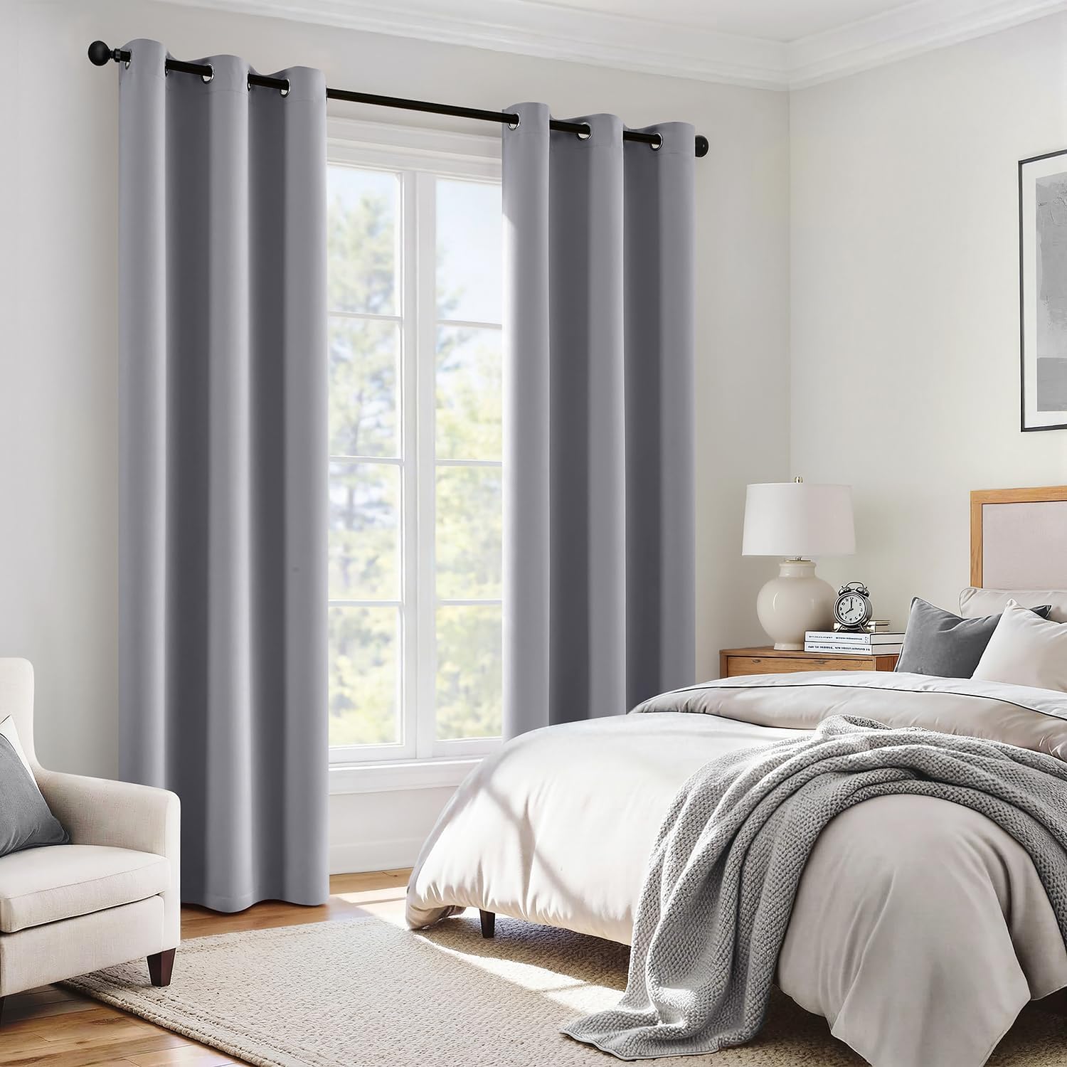 Miulee Light Grey 100% Blackout Curtains for Bedroom 96 Inch Long, 2 Layers Thermal Insulated Black Out Window Curtains with Black Liner, N…