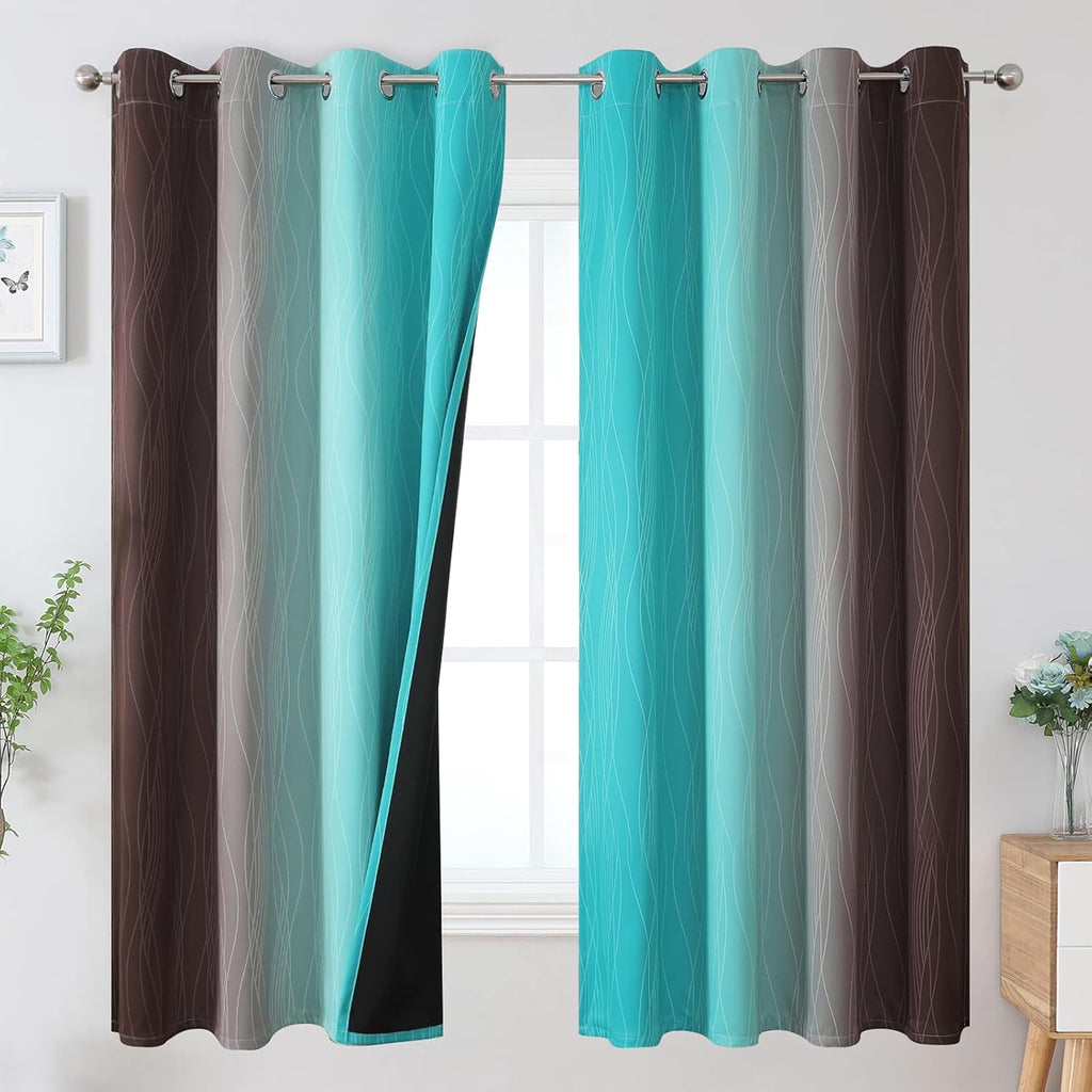 Estelartextiler Estelar Textiler Brown and Teal Ombre Blackout Curtains 63 Inches Long for Kids Room, Thermal Insulated Gradient Full Light…