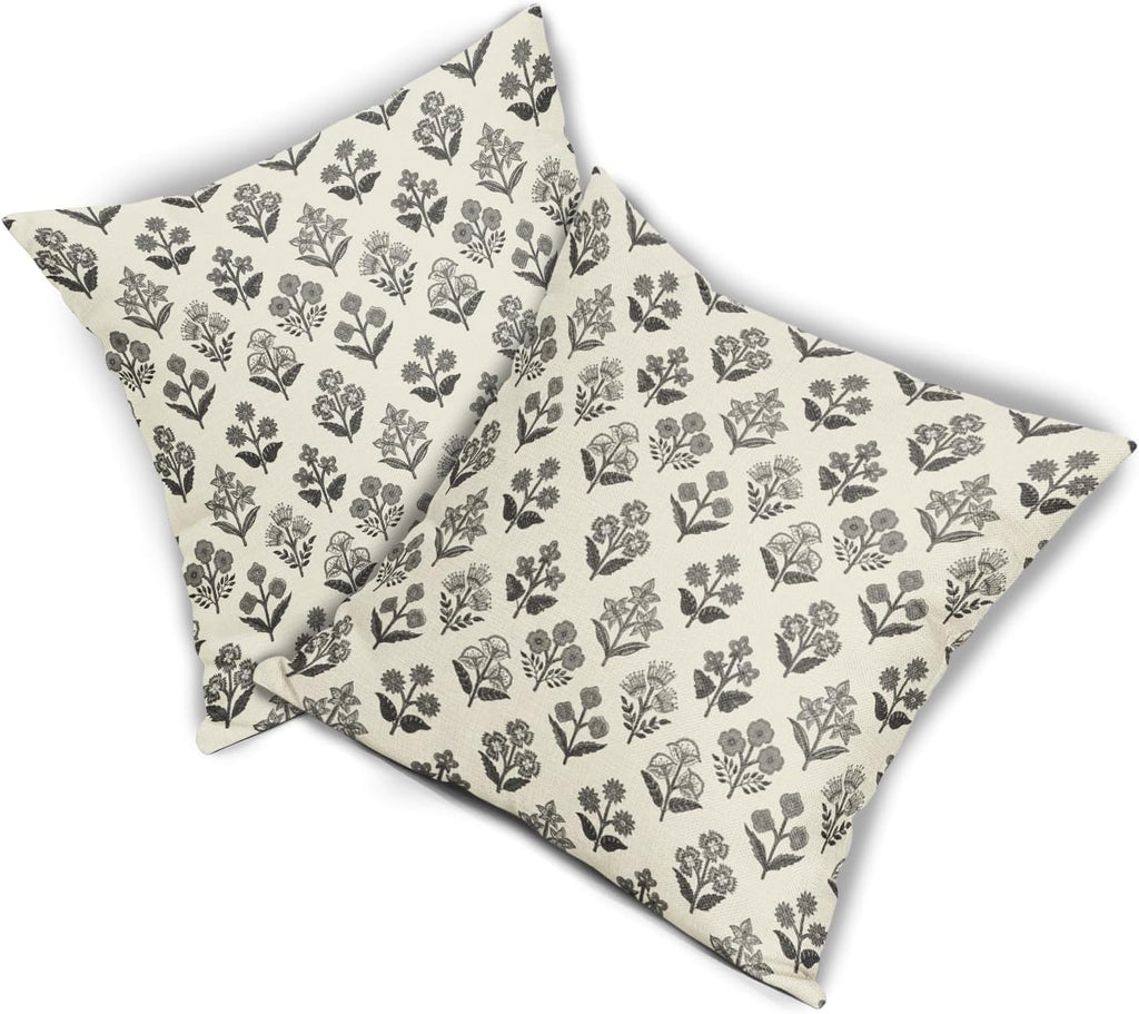 Black Grey Gray Block Print Pillow Covers 18x18 Inch Set of 2, Vintage Floral Decorative Throw Pillow Cases Boho Cushion Covers Rustic…