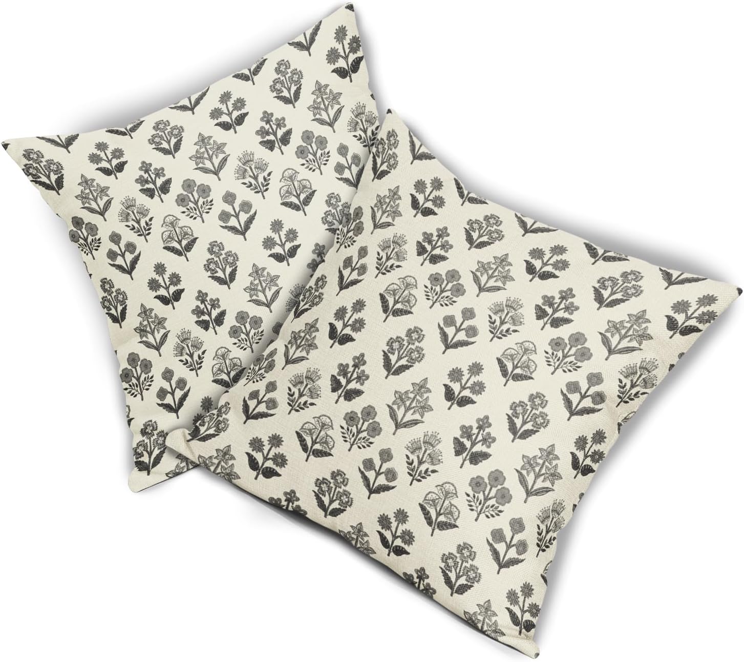 Black Grey Gray Block Print Pillow Covers 16x16 Inch Set of 2, Vintage Floral Decorative Throw Pillow Cases Boho Cushion Covers Rustic…