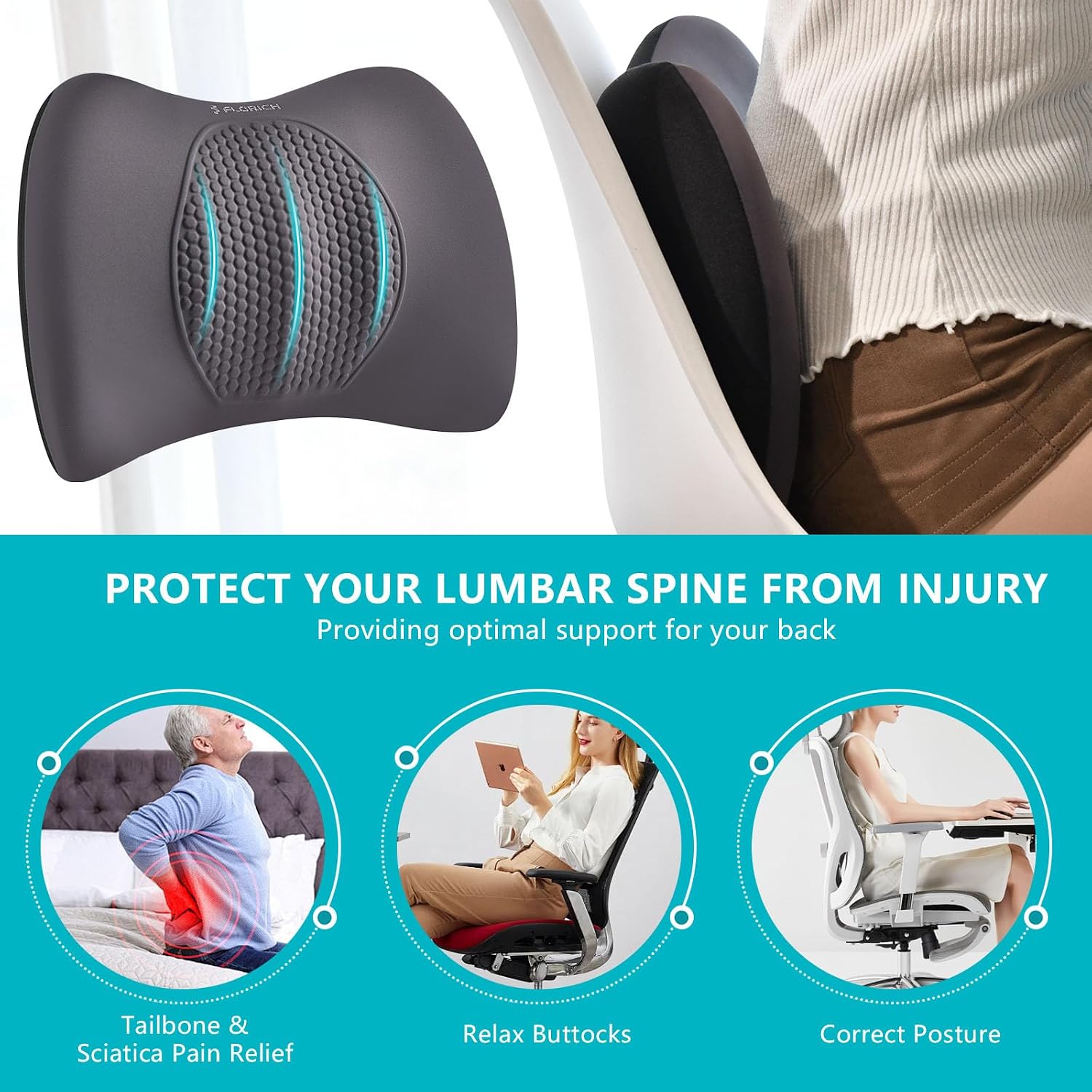FLORICH 3 PCS Seat Cushion for Carseat Lumbar Support Pillow Car Neck Headrest Pillows Memory Foam Gel Memory Foam Massage Point Seat…