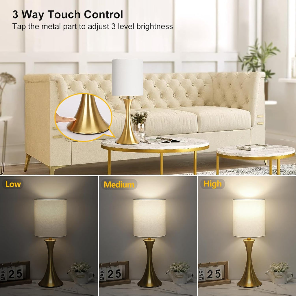 Gold Bedside Lamp Touch Control Table Lamp for Bedroom, 3-Way Dimmable Nightstand Lamp with White Shade, Modern Table Lamp for Living…