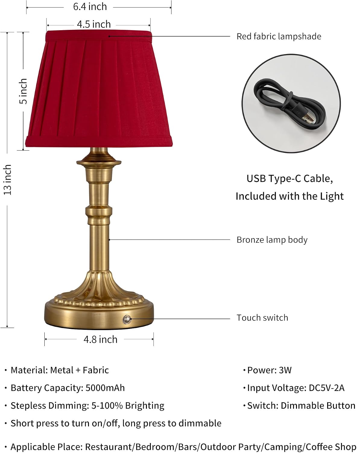 KDG Cordless Portables Table Lamp Set of 2, LED Fabric Shade Small Desk Lamps, 5000mAh Battery Powered Lighting, 2700K Stepless Dimmable…