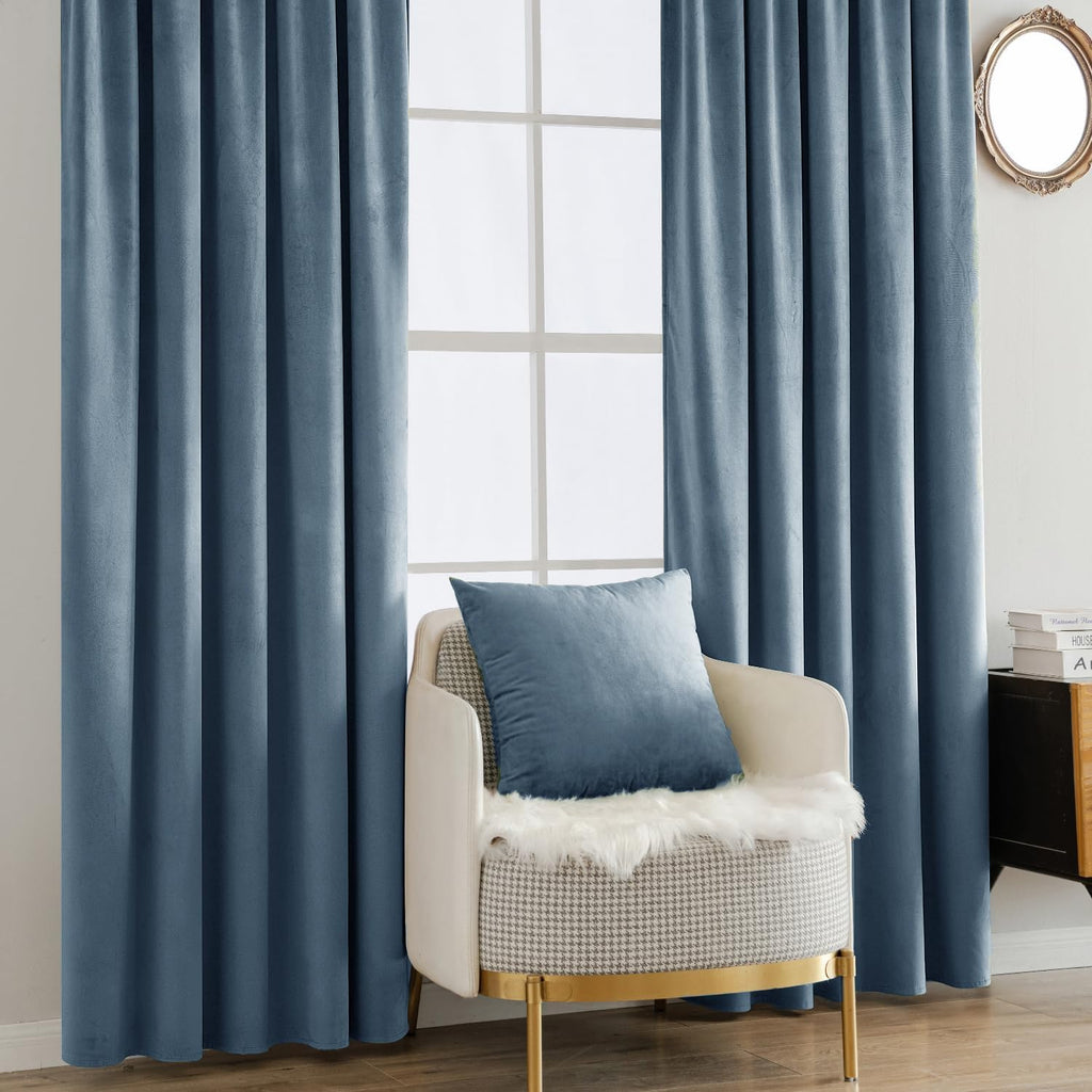 Miulee Velvet Curtains 84 inches - Luxury Blackout Curtains for Bedroom Living Room Super Soft Light Blue Thermal Insulated Dusty Blue Wind…