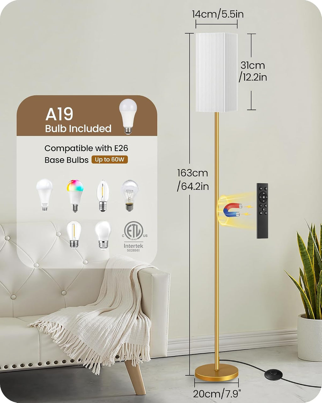 64.2” Dimmable Floor Lamp for Living Room with Remote and Foot Switch, Corner Floor Lamp for Bedroom, Includes 10W A19 Bulb, Modern…