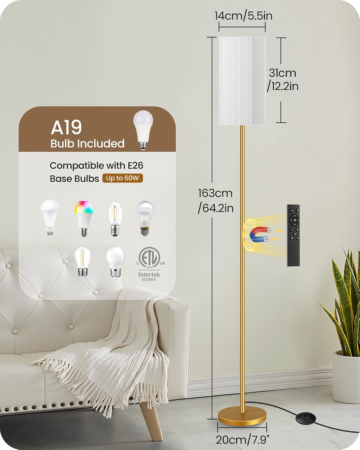 2Pack 64.2” Dimmable Floor Lamp for Living Room with Remote & Foot Switch, Corner Floor Lamp for Bedroom, Includes A19 Bulb, Modern…